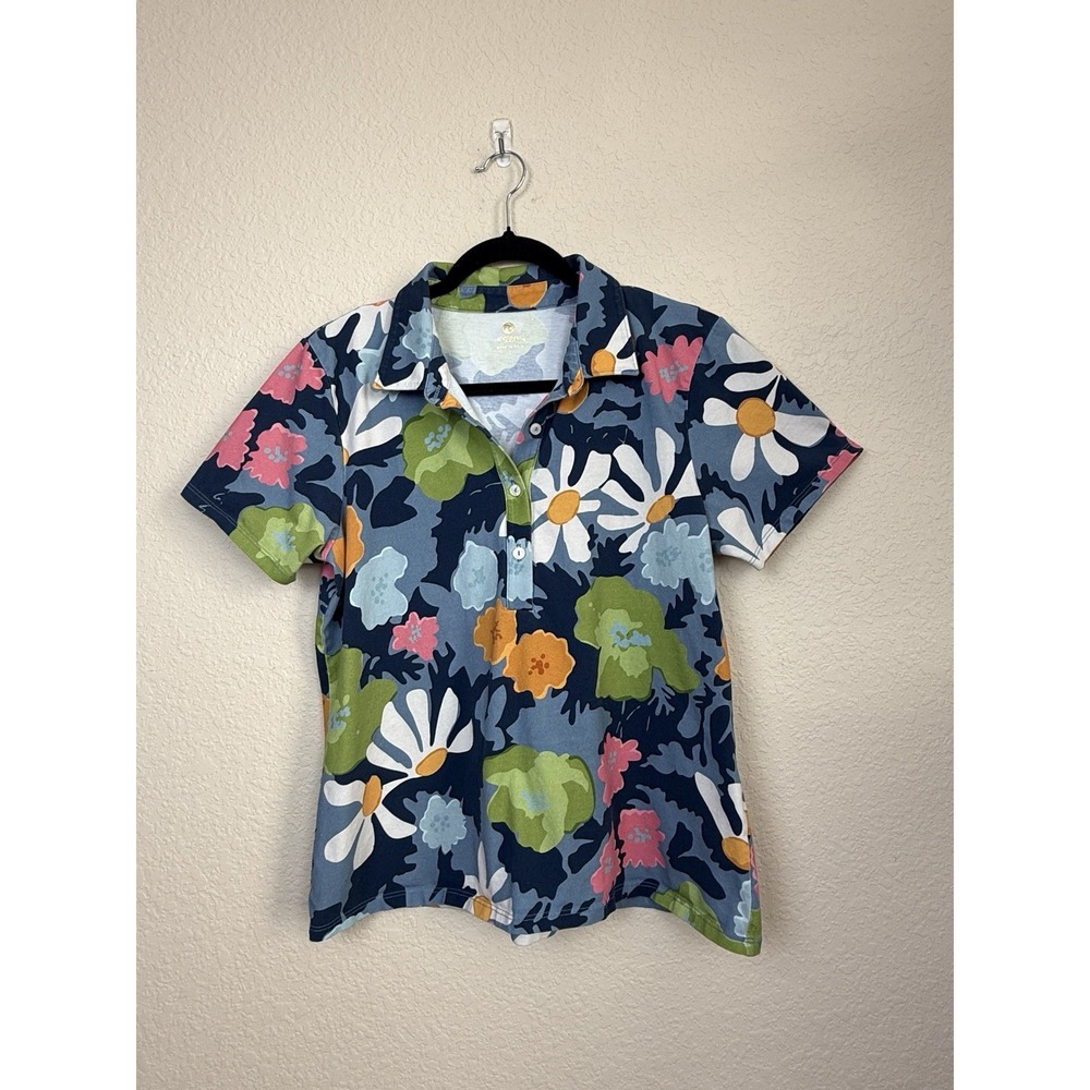 Spartina 449 Polo Shirt Women's Joelle Pique Short Sleeve Shirt Daisy Floral L